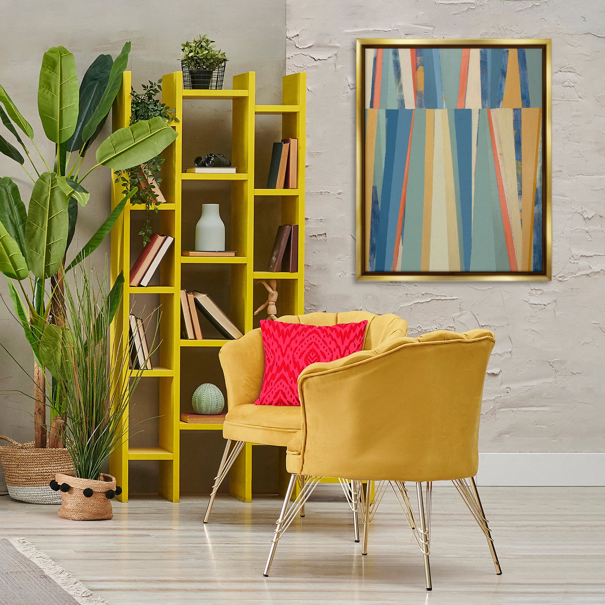 Stupell Industries Soft Blue Pointed Shapes Abstract Painting Gold Floater Framed Canvas Art Print Wall Art, 25 x 31