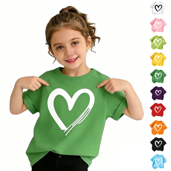 Bigetiay Girls Short Sleeve T Shirts Loose Cute Casual Tees with Heart Print Breathable Comfortable Daily Wear 9-10 Years