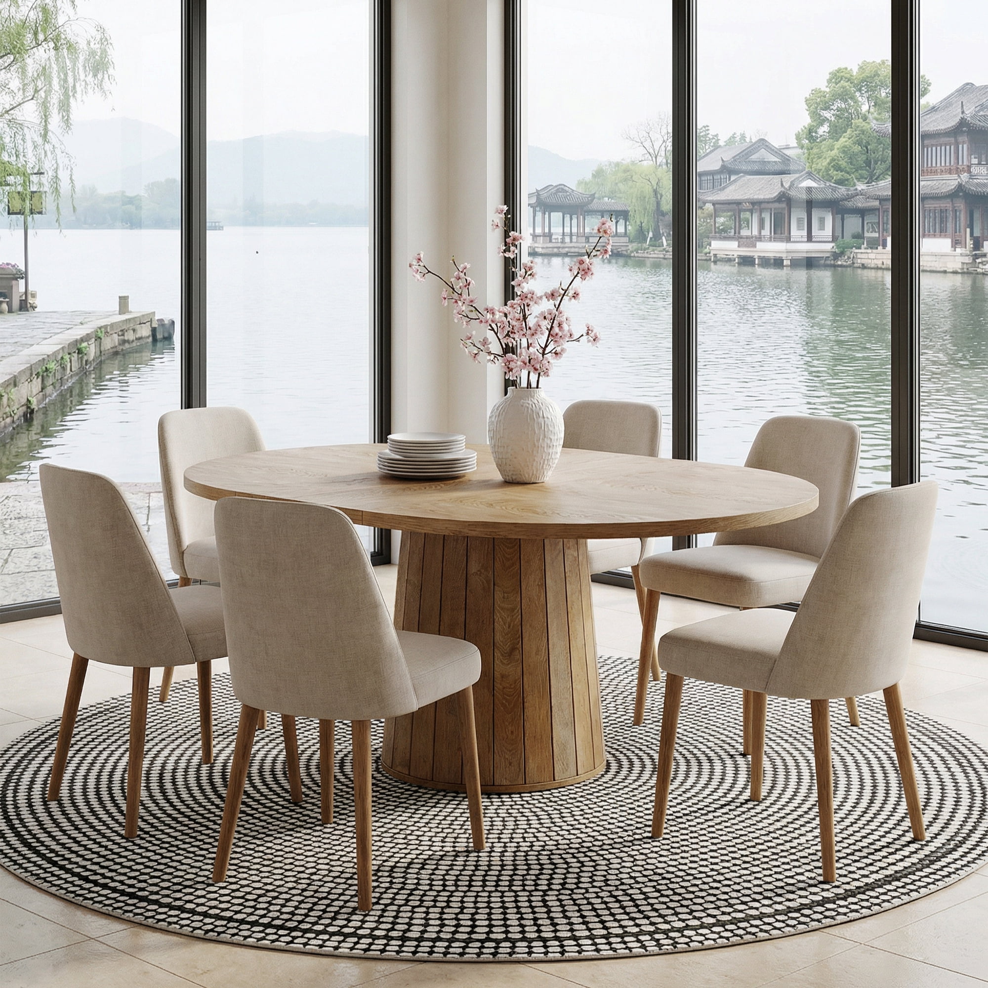 MAYEERTY 55 Inch Oval Dining Table, Elegant Kitchen Dinner Table with Cylindrical Wooden Pedestal Base for Family Dining