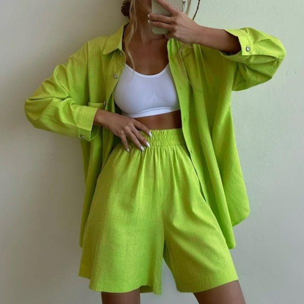 Revers Chemise Short Camisa de solapa para mujer Pantalones cortos 2 piezas Top de manga larga Pantalones cortos Conjunto de ropa deportiva Verde XL Cgtredaw Para estrenar Walmart en linea