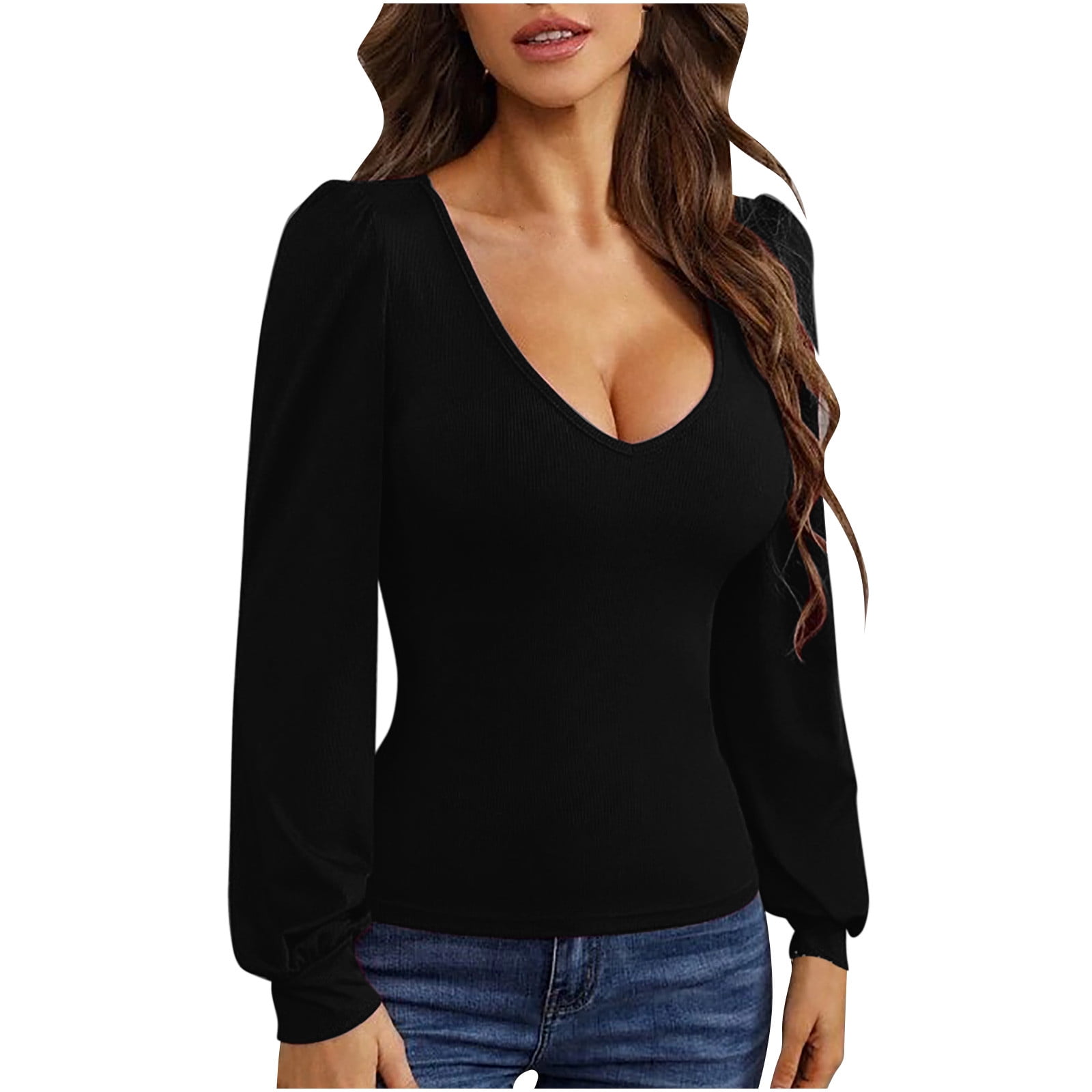 Womens Long Sleeve Tops Low Cut V Neck Shirt Ribbed Knit Slim Fit