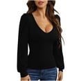 thumbnail image 2 of COSFO Women's T-Shirts Ribbed Black Long Sleeve V-Neck Top Solid T-Shirts Women's Tops, 2 of 8