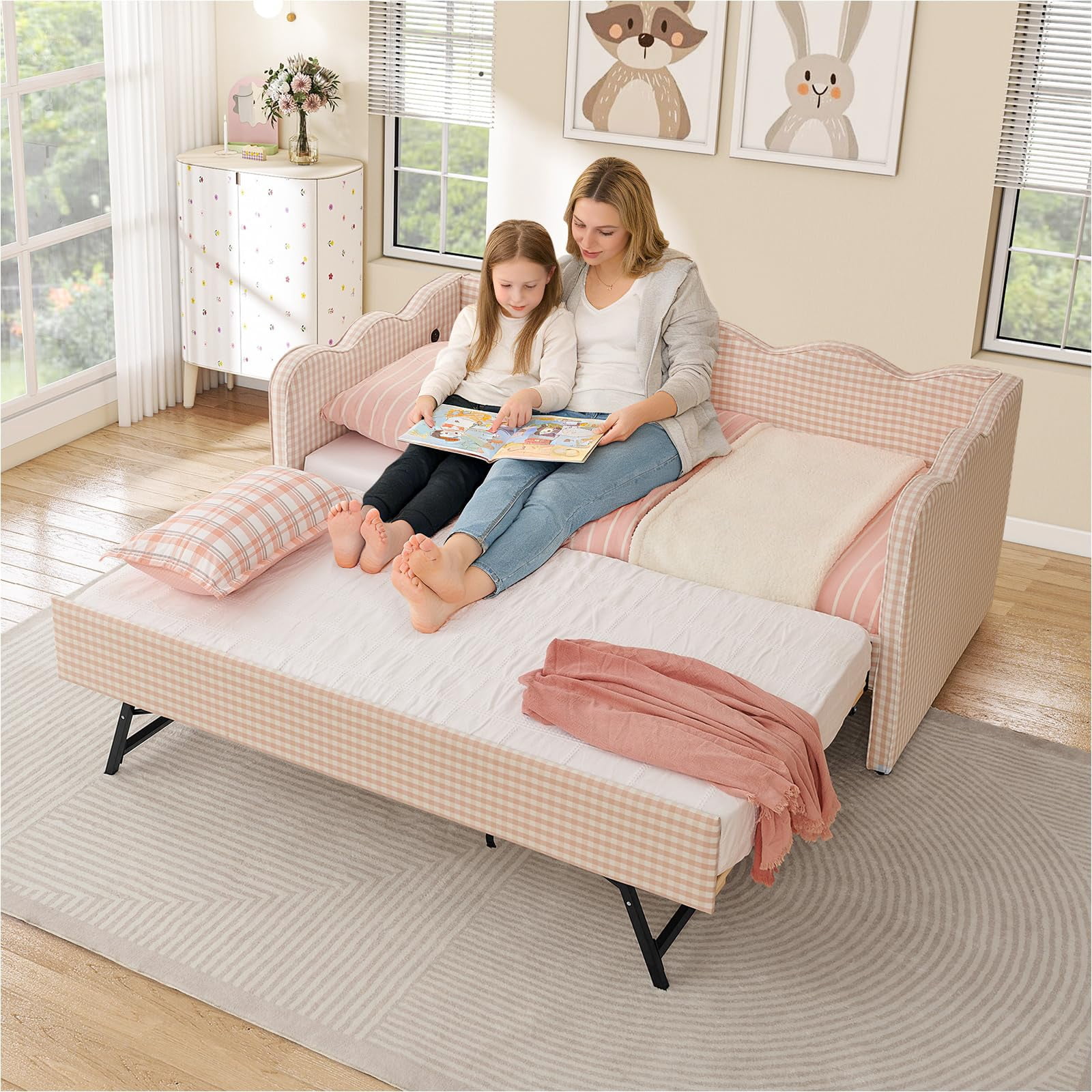 Twin Size Gingham Daybed with Trundle, Wave Shaped Sofa Bed with USB Port, No Box Spring Needed