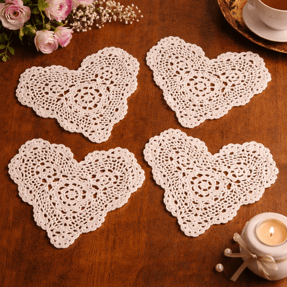 Handmade Crochet Lace Heart Shape Coasters Doilies, 6-inch, Beige Color, Set of 4