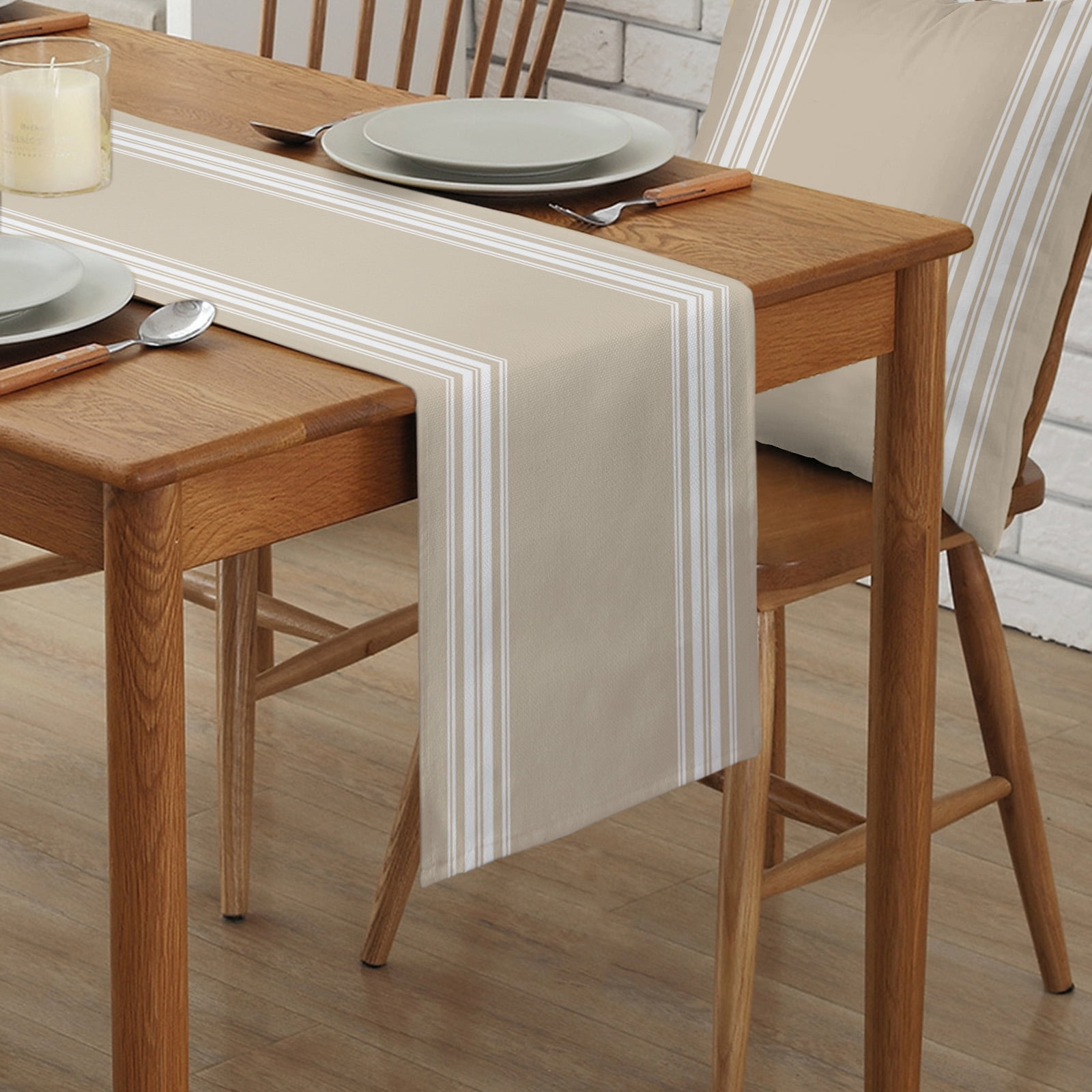 Ldtrchee Beige Striped Table Runner 72 Inches, Farmhouse Luxurious White Stripes Modern Abstract Art Bed Runner Dresser Scarves Tabletop for Indoor Outdoor Parties/Ceremony/Banquet, 14" x 72"
