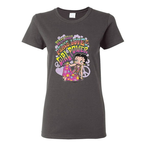 Wild Bobby Betty Boop Peace, Love and Girl Power Betty Boop Womens T-Shirt, Charcoal, 3X-Large