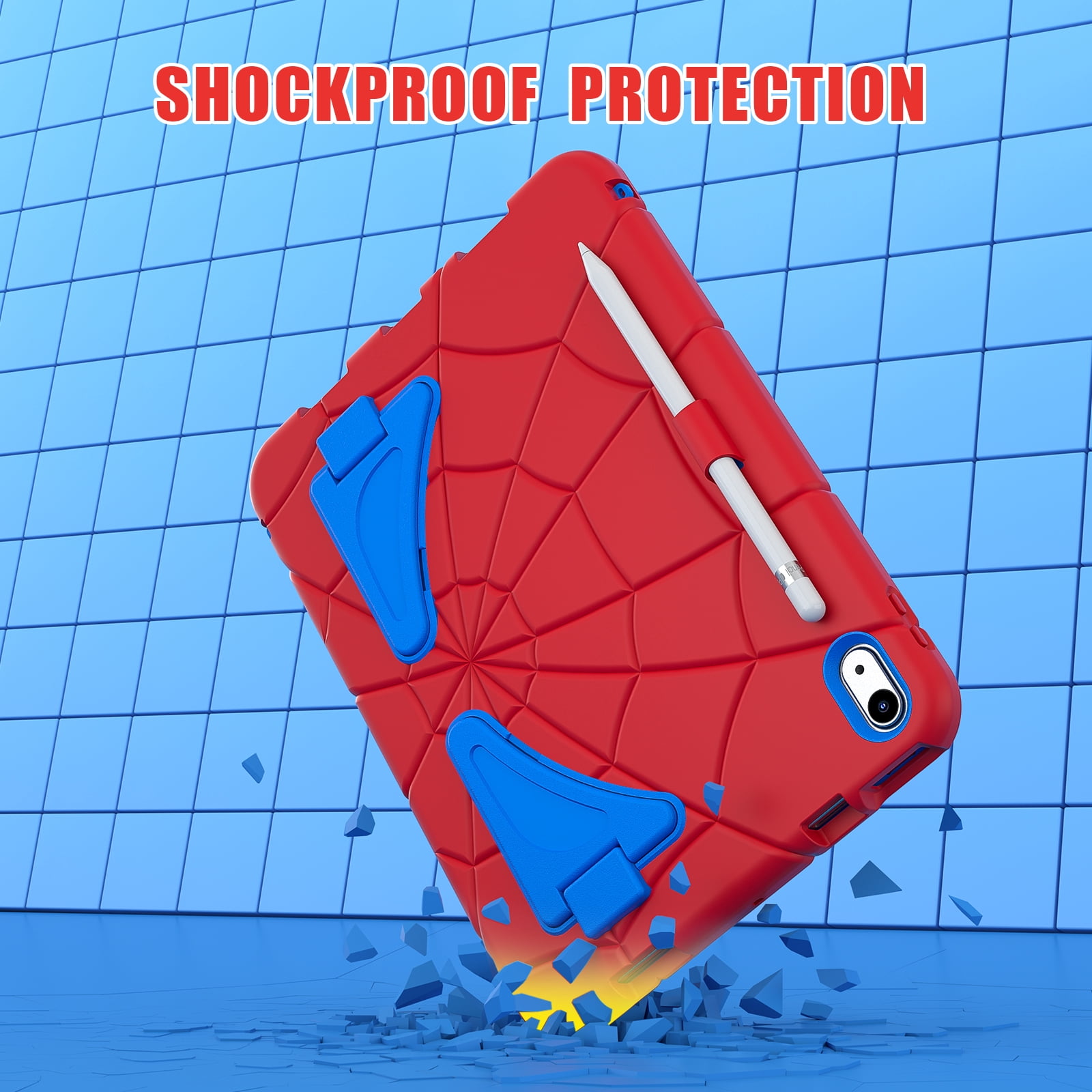 for 2022 10.9 inch iPad 10 th Generation Case with Pencil Holder & Stand, Handle Design Heavy Duty Shockproof Rugged 10.9" 10 Gen Cover for Kids Boy Children, Red+Blue
