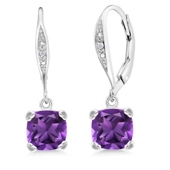 Gem Stone King 925 Sterling Silver Purple Amethyst and White Diamond Earrings for Women (2.81 Cttw, Gemstone February Birthstone, Cushion 7MM)