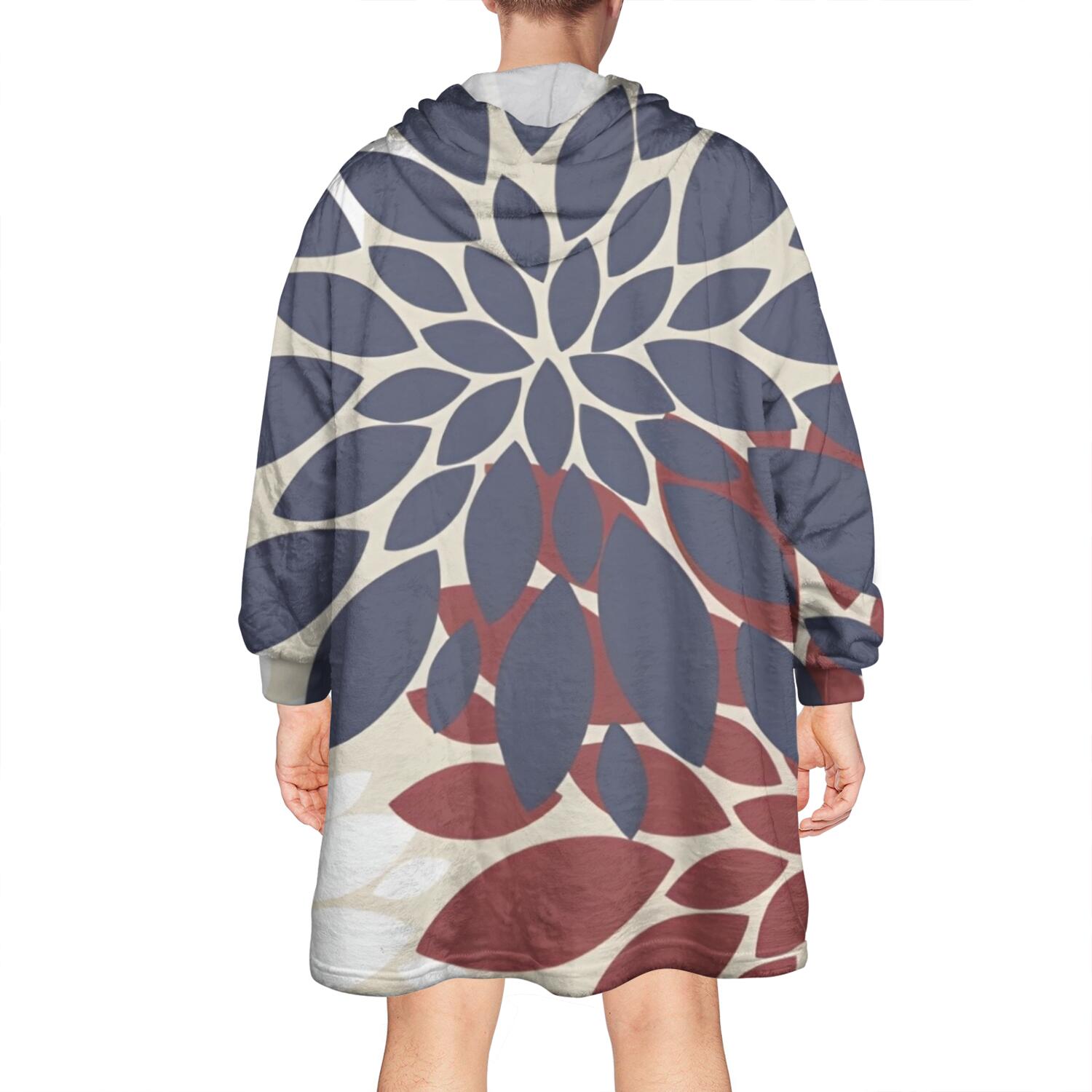 Wearable Oversized Blanket,Red and Blue Pioneer Flower Pattern Wearable Blanket Hoodie for Adults,Cozy Hooded Blankets with Super Pockets,Super Warm Fuzzy Pullover for Women & Men