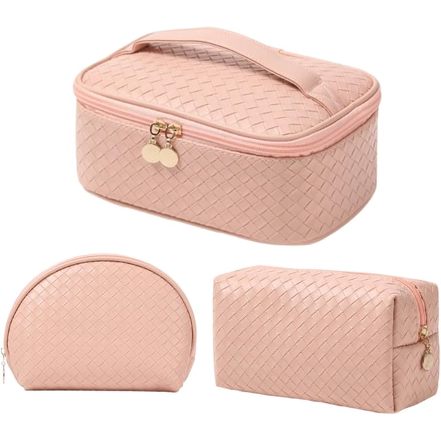 Cosmetiquera para Maquillaje 3Pcs, Portátil Impermeable Bolsa de Maquillaje, Cosmetiquera Multifuncional de Viaje, Grande Capacidad, Neceser para Mujer (rosa)