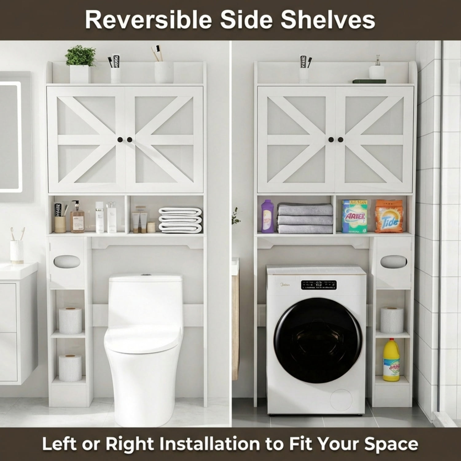 Over The Toilet Storage Cabinet, White Bathroom Organizer with Reversible Side Shelves, 32.3"W Farmhouse Rack with Barn Doors