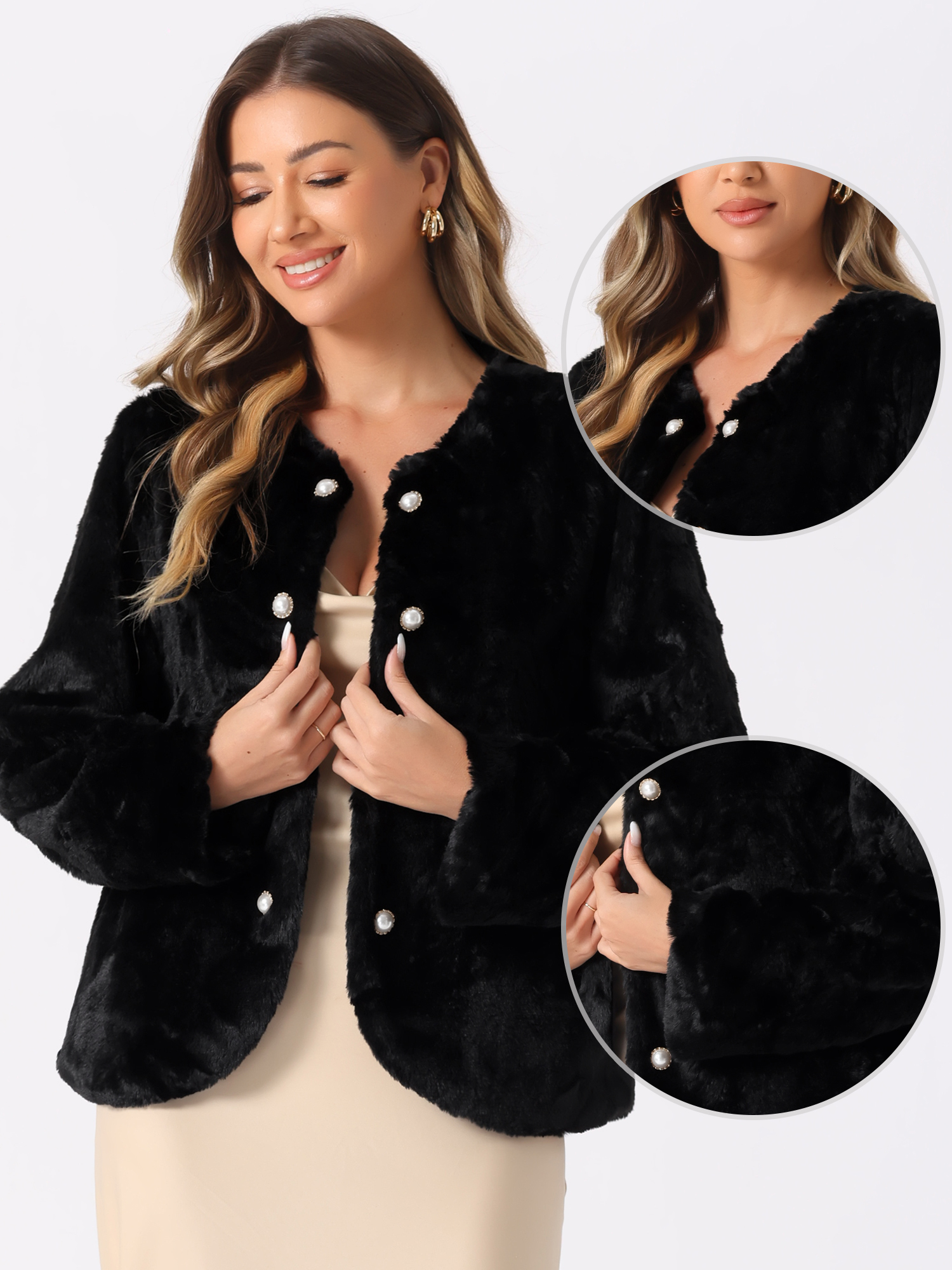 DARING DIVA Women's Winter Faux Fur Coat Jacket Long Sleeve Pockets Pearl Button XS Black