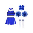 thumbnail image 4 of Xnihocha Girls Classic Cheerleading Team Uniform Mesh Splice Crop Top with Pleated Boxer Skirts Rooter Stage Suit B Blue 16, 4 of 5