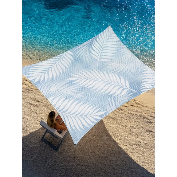 Sun Shade Sail 6.5'x10' Blue Linen Palm Leaves Rectangle Sun Shade Sails Canopy Waterproof Tropical Ferns Fronds Outdoor Sunshades Sand UV Block Cover Shades Cloth for Patio Backyard Deck Porch Lawn