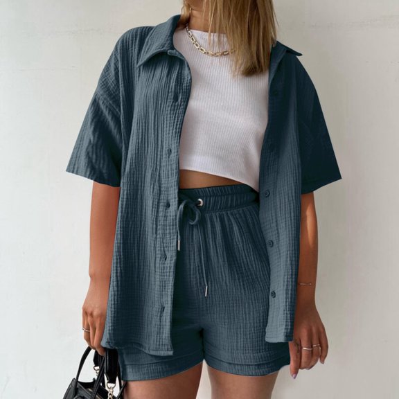 Riforla Women's Solid Color Short Sleeve Shirt & Casual Shorts 2 Piece Set Comfortable Summer Outfit Matching Sets Women Clothing Navy XXL