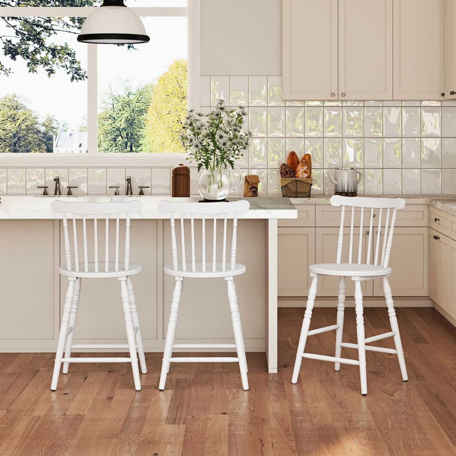 Dayalane 24" Windsor Bar Stools Set of 3, Antique-style Counter Height Barstools with Spindle Back & Turned Legs, Rustic Vintage Colonial Wooden Island chair for Kitchen/Breakfast Bar/Home Pub, White