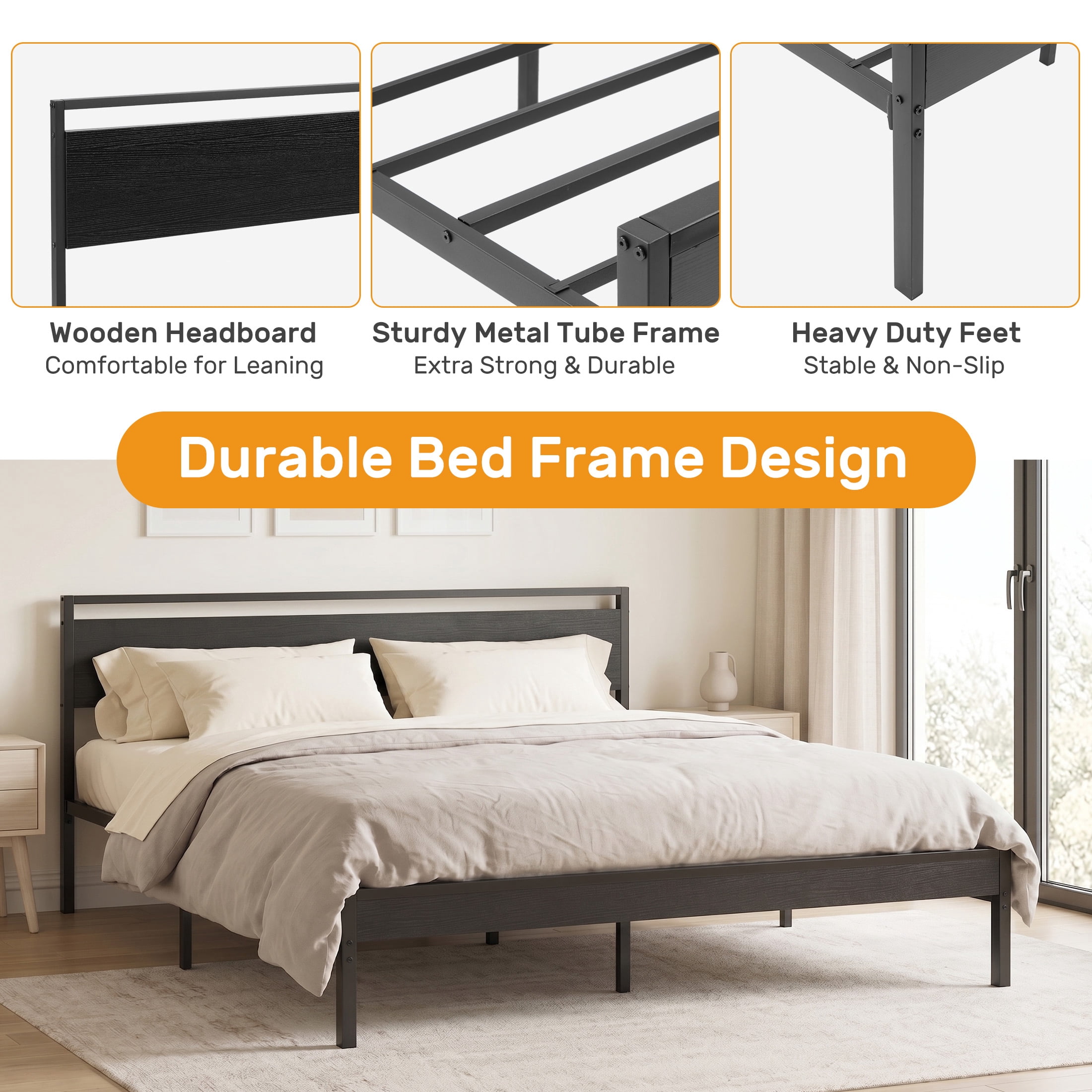 Gianna Heavy Duty King Size Metal Platform Bed, No Box Spring Required with Headboard and Footboard, Mattress Foundation, Black