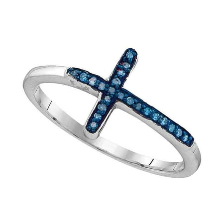 Sterling Silver Womens Round Blue Colored Diamond Christian Cross Cluster Ring 1/20...