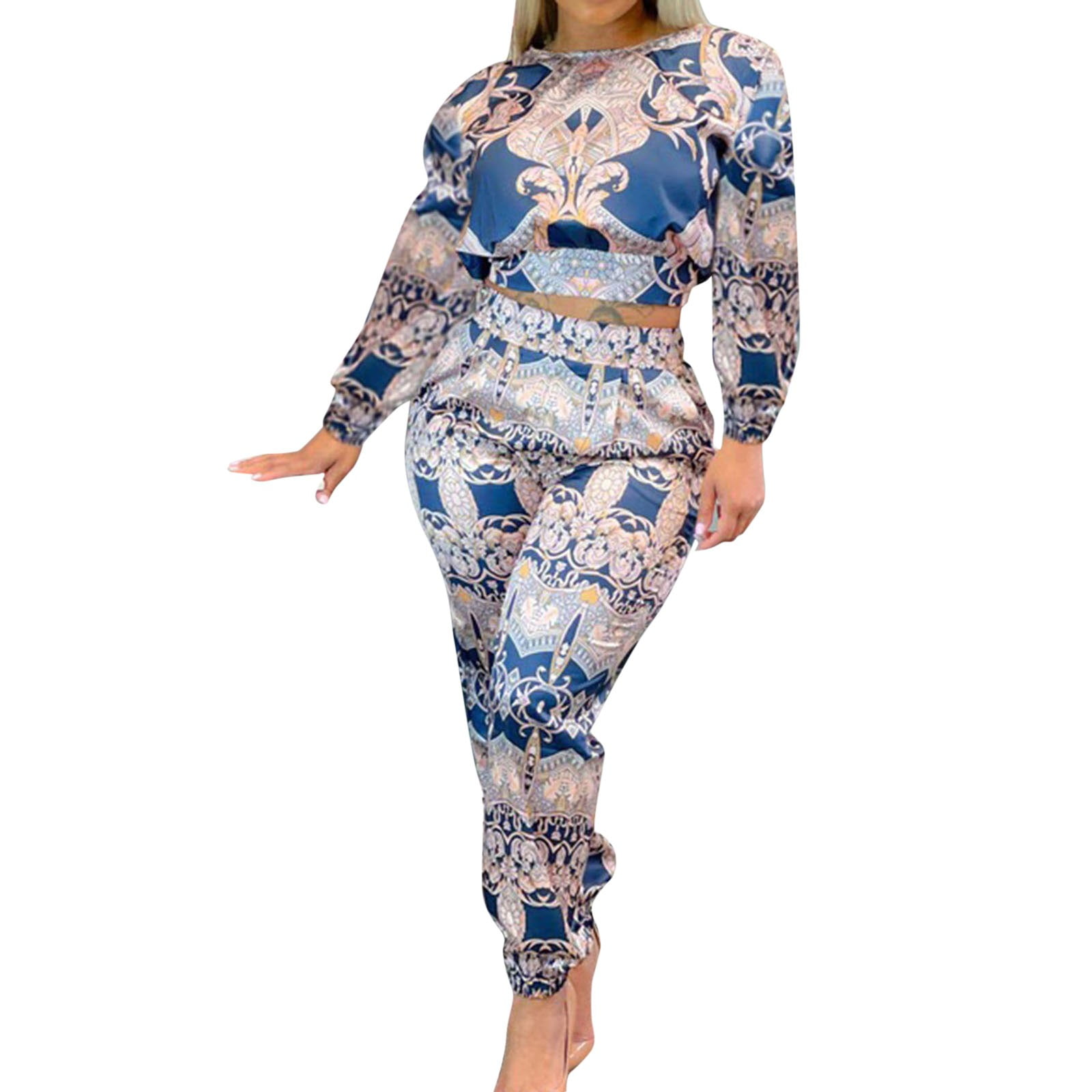 Women Spring Outfits 2024 for 70 Year Old Fashion 2 Piece Sets Printed Plus  Size Ropa De Mujer Longsleeve round neck Ladies' Blouses high Waist Pants  Clothes New Years Eve Outfits Women Pant Suit 