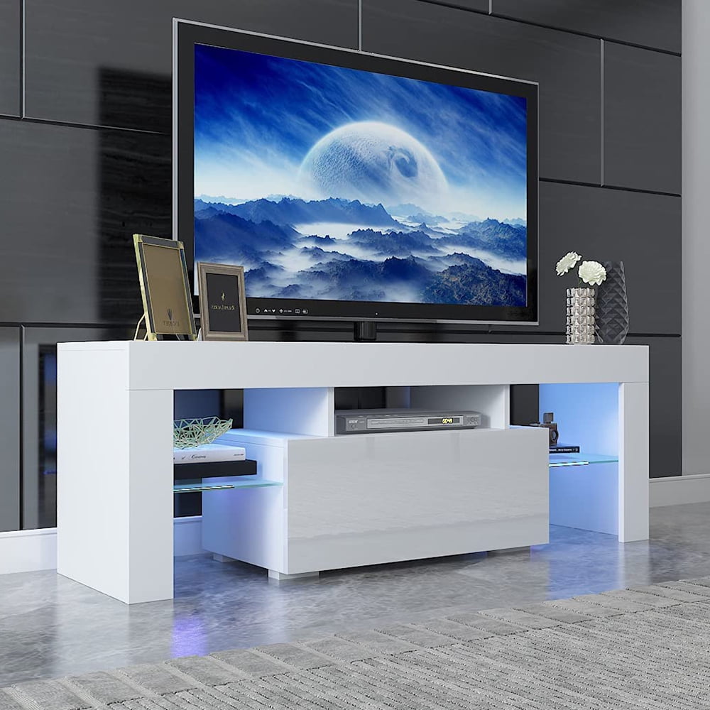 uhomepro Modern White TV Stand with RGB LED Lights, Television