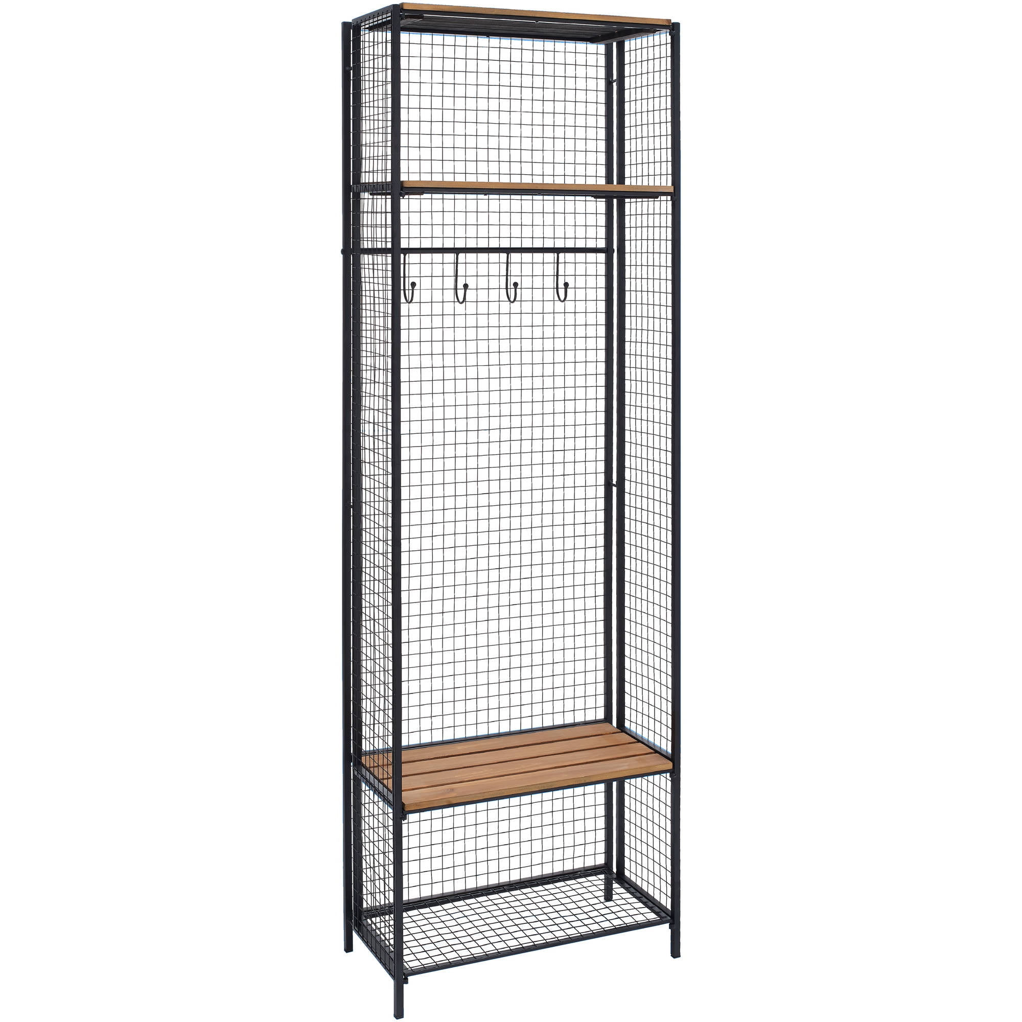 Linon Grid Metal and Wood Locker Coat Rack, 4 Hooks, 2 Shelves