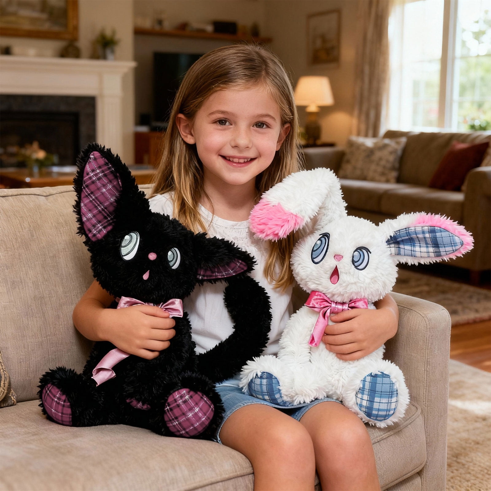 Soft Plush Bunny Rabbit Stuffed Animal Toy - Fluffy White Plush with Pink Bow, Checkered Ear & Paw Accents, Huggable & Cuddly Design - for Kids Toddlers, Bedroom Decor, Nursery, Xmas Birthday, Baby S