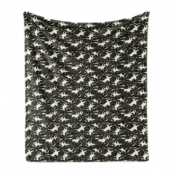 Exotic Soft Flannel Fleece Blanket, Big Monstera Leaves Outline Drawn in Golden Yellow Tone Retro Hawaiian, Cozy Plush for Indoor and Outdoor Use, 60" x 80", Charcoal Grey and White, by Ambesonne