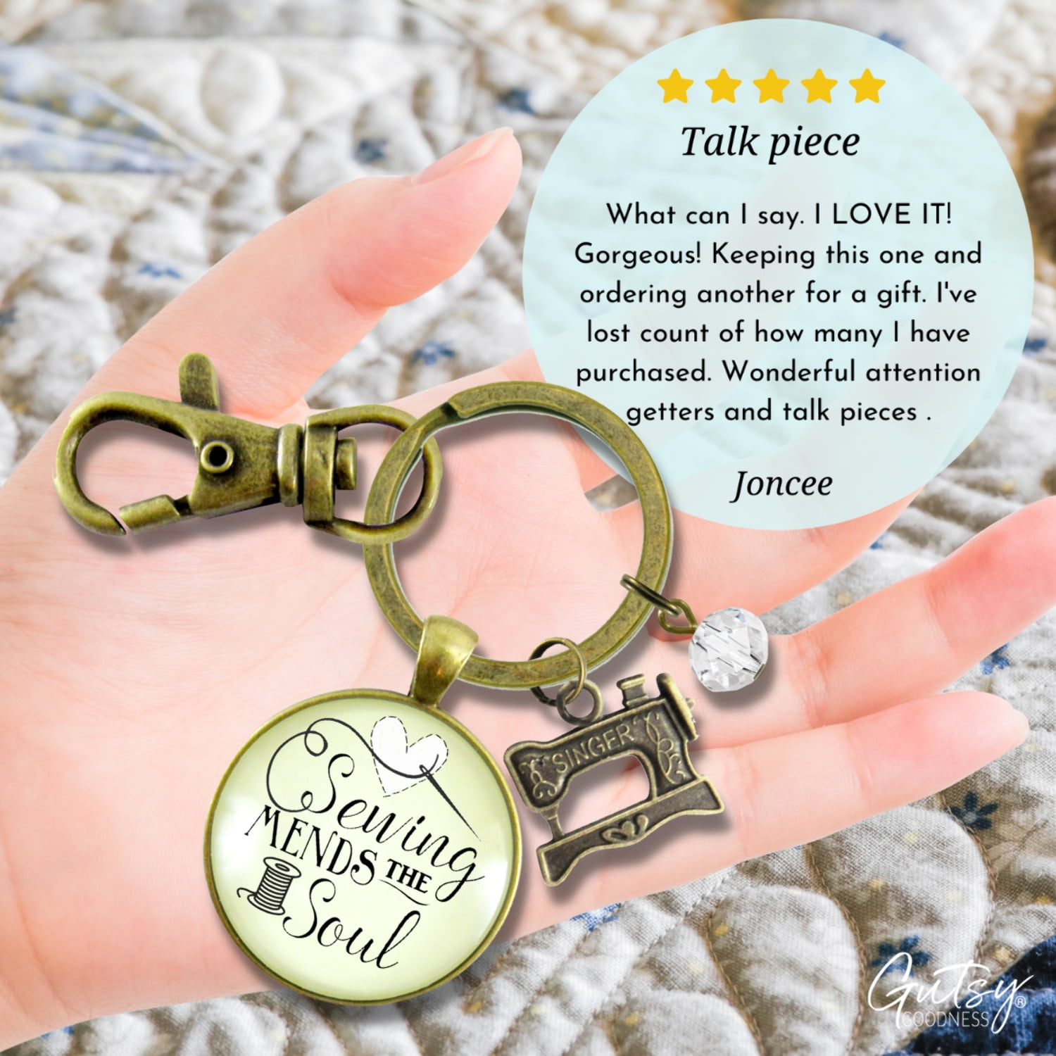 Sewing Keychain Gutsy Goodness Mends the Soul Seamstress Key Ring Bronze Metal Adult Female Jewelry Machine Charm