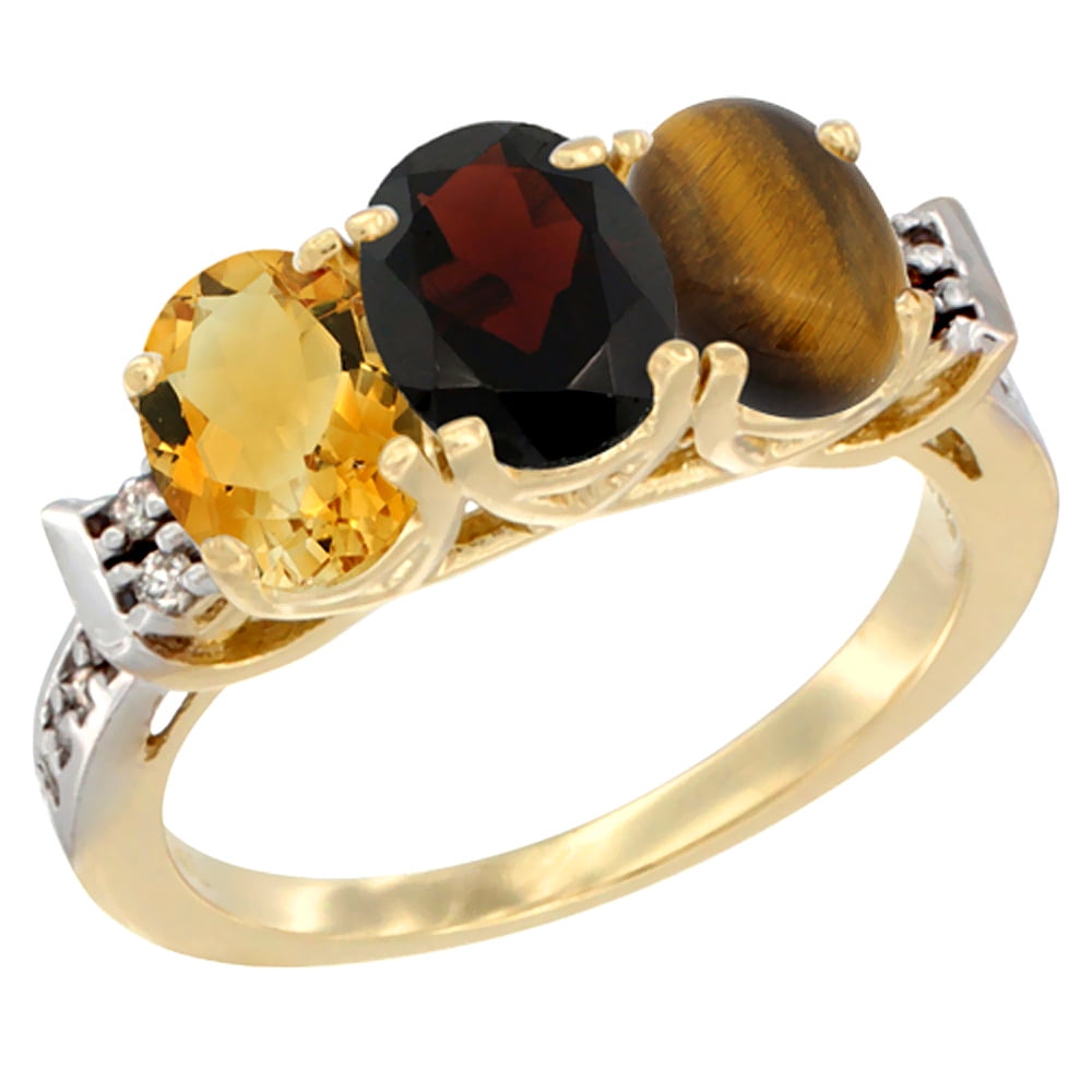 10K Yellow Gold Natural Citrine, Garnet & Tiger Eye Ring 3-Stone Oval 7x5 mm Diamond Accent, sizes 5 10 by WorldJewels