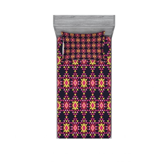 Geometric Bedding Set with Sheet & Covers, Angular Triangular Motifs with Bullseye Rhombuses Pattern, Printed Bedroom Decor 2 Shams, 4 Sizes, Multicolor, by Ambesonne