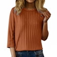 thumbnail image 2 of Chandails d'Automne Grande Taille pour Femmes Automne et Hiver Couleur Unie Col Rond Bas Rayé Ample Décontracté Manches Trois-Quarts, 2 of 5
