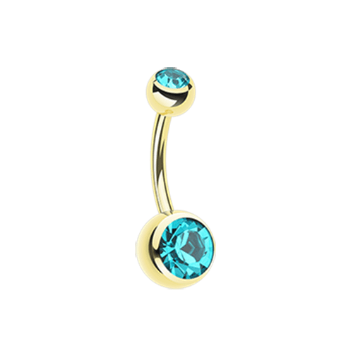Gold Pvd Double Gem Ball Steel Belly Button Ring 