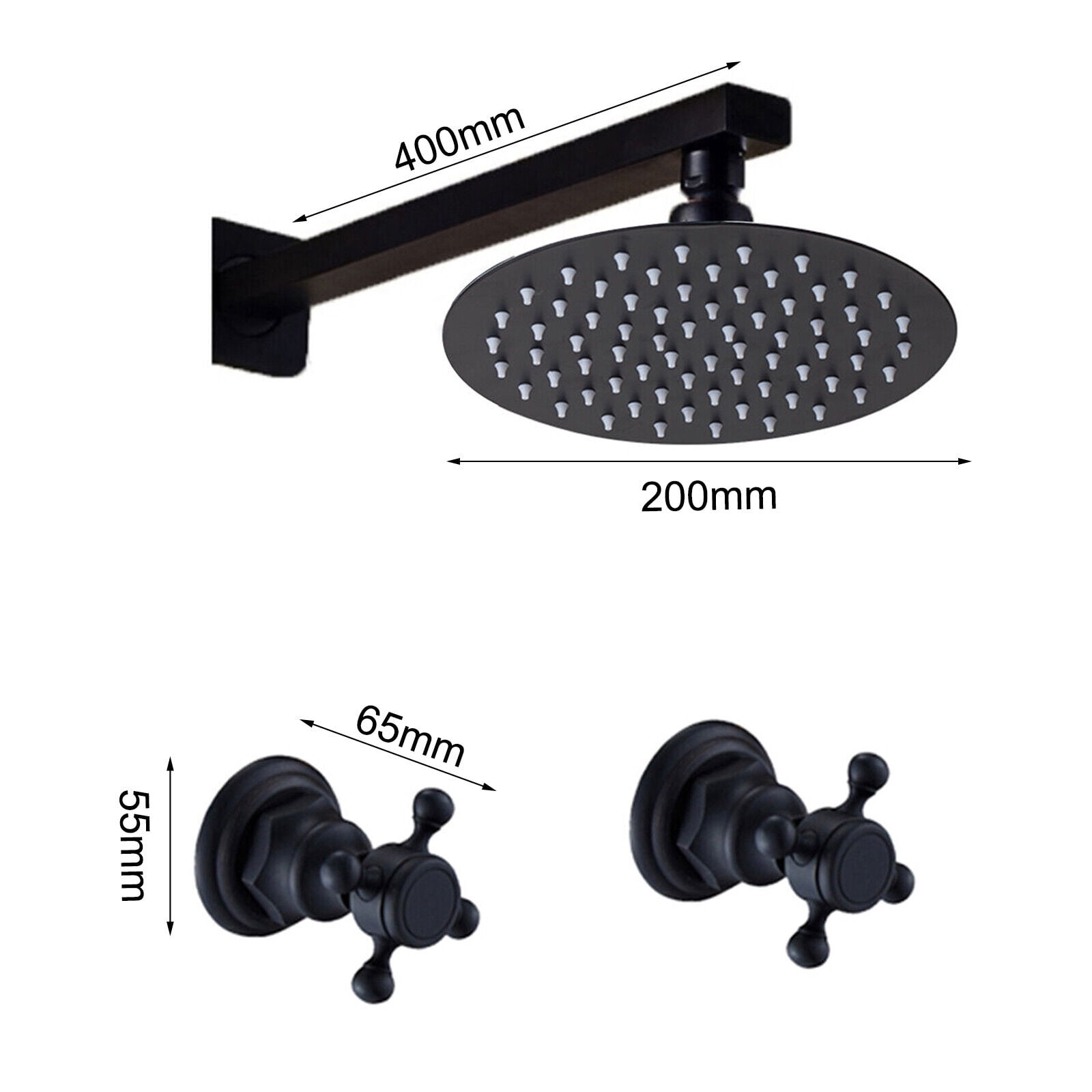 Wall Mount 8" Black Rain Shower Head 2 Handles Cold & Hot Faucet Mixer Tap Set