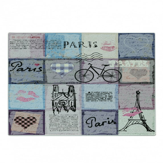 Paris Cutting Board, Grunge Textured Retro Collage of France Famous Object Eiffel Tower Europe Theme, Decorative Tempered Glass Cutting and Serving Board, Small Size, Multicolor, by Ambesonne