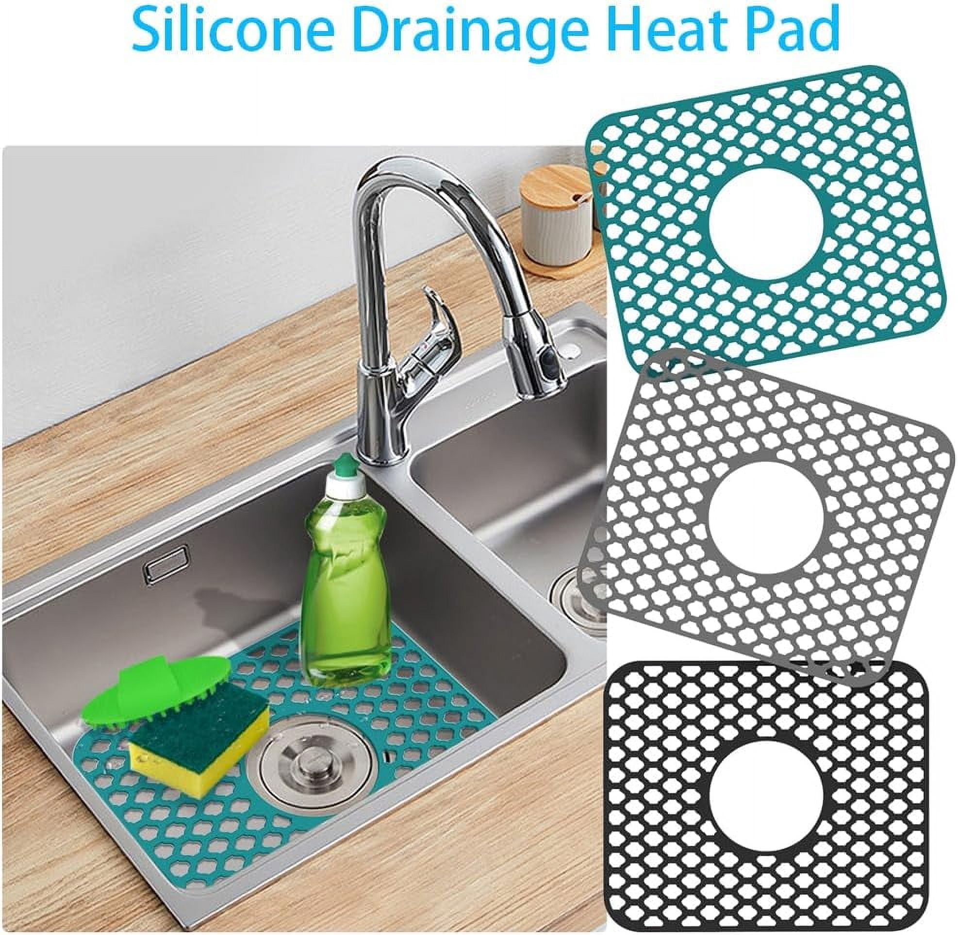 1PCS Kitchen Sink Mat, Anti Slip Silicone Drain Sink Protectors, Dishes Drying Mat Filter Mesh Grid Non-Slip Foldable for Bottom of Farmhouse Stainless Steel Porcelain Sink(Grey,Side Hole)