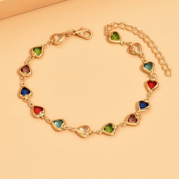 Elegant Temperament Mixed Color Rhinestone Inlaid Chain Anklet Metal Heart Ankle Bracelet For Women Daily Wear
