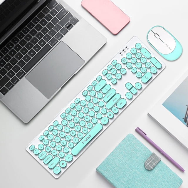 Wireless Keyboard And Mouse Combo Cute Keyboard Retro Round Keycap Thin Quiet 2.4GHz Retro Key Board For Laptop