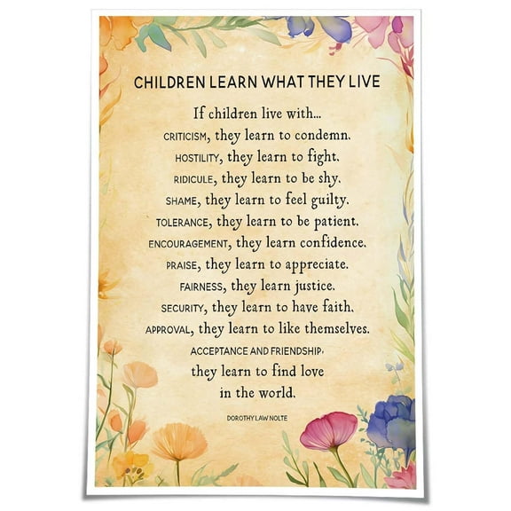 Children Learn What They Live Poem Wall Art Poetry Wall Art Decoration Paintings for Hallway Pictures Vertical Canvas Prints for Bathroom