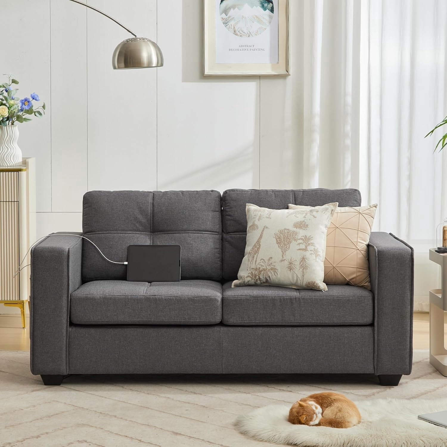 LAZZO 65" Loveseat Sofa with USB Charging Ports, 2-Seat Faux Leather Couch for Living Room & Office, Gray
