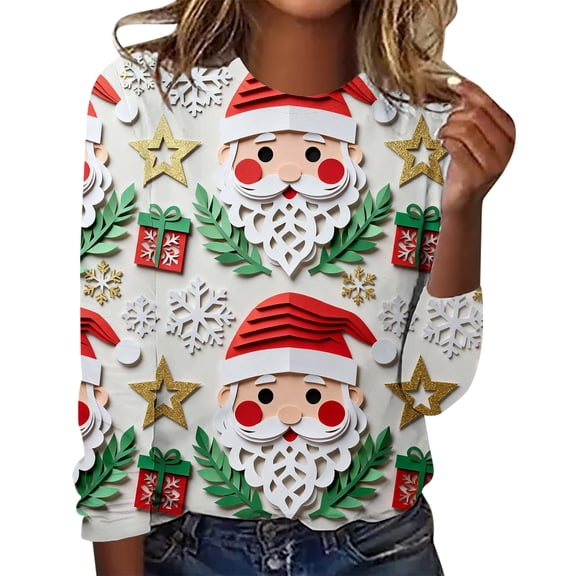 Fall Fashion Must Haves Festival Saving Christmas Tshirts Women Holiday Long Sleeve T-Shirt Christmas Pattern Crew Neck Top Blouse Fall Clothes My Items