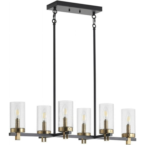 Farmhouse Kitchen Island Chandelier 6-Light Black Finish Gold Socket Pendant Light with Seeded Glass Shade Industrial Linear Pendant Hanging Lighting for Dining Room E12