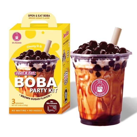 O’s Bubble Open to Eat Boba Party Kit – Brown Sugar Bubble Tea with Cups & Straws – 3 Servings Party Set for Home, Gifts & Kids (No Microwave Version 3.0)