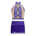 thumbnail image 4 of Haitryli Kids Girls Tassel Dance Outfits Jazz Latin Performance Crop Top with Skirt Set Gymnastics Bodysuit Purple 12, 4 of 5