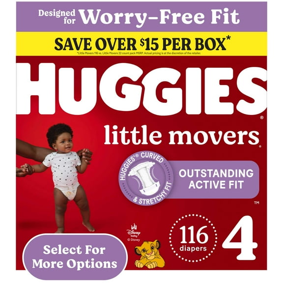 Huggies Little Movers Baby Diapers, Size 4 (22-37 lbs), 116 Count (Select for More)
