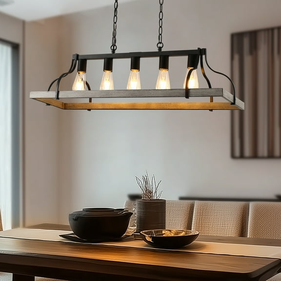 YANSUN Rustic 5-Light Kitchen Island and Dining Room Light, Farmhouse Linear Chandelier with Black and Grey Wood Finish, for  Kitchen Island, Living Room, Dining Room, Bedroom