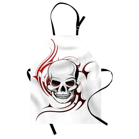 Paint Tribal Flames - Tattoo Apron Scary Fierce and Wild Skull with Red Flames Tribal Artistic Tattoo Image Design, Unisex Kitchen Bib Apron with Adjustable Neck for Cooking Baking Gardening, Red and White, by Ambesonne
