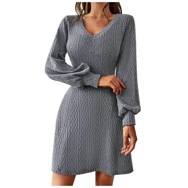Vestido de manga larga de color sólido de punto con cuello en V de moda sexy casual para mujer Pompotops hdfakjf8486