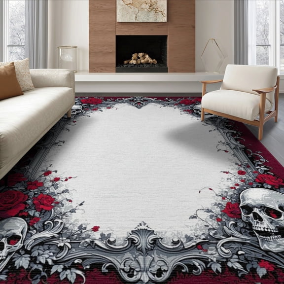 ODIKA 8'x10' Washable Area Rug Skull Gothic Skeleton Motif With Victorian Baroque Scroll Accents for Dining Room, Large Office, Lounge, Non-Slip Chair-Friendly Mat