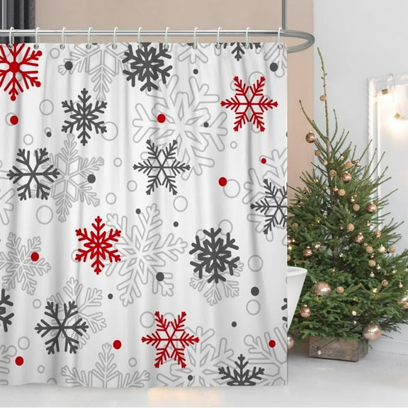 Christmas Shower Curtain for Bathroom 72x72inches Snowflakes Shower Curtain Set with Hooks Red Grey Snow Flowers X-mas Waterproof Fabric Shower Curtain