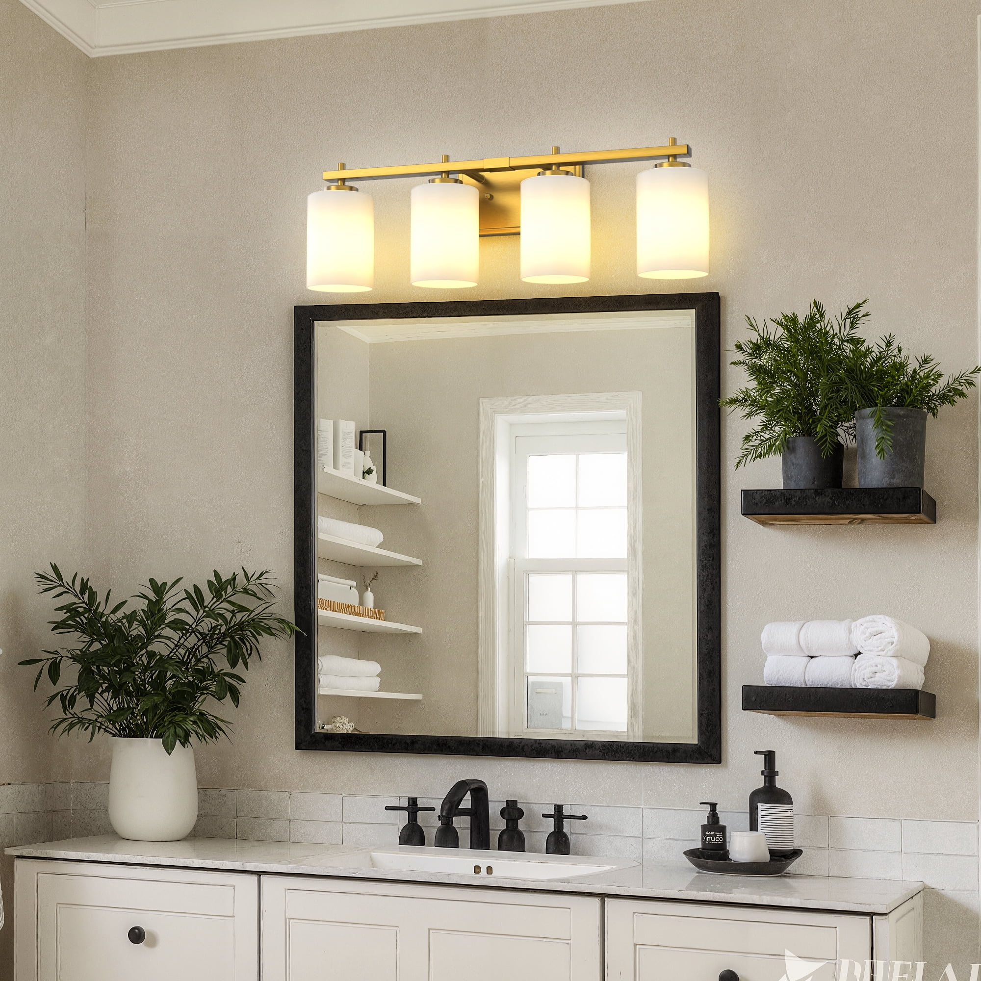 YANSUN 24.4 in 4-Light Bathroom Vanity Light with Frosted Glass and Gold Iron Frame, for Bathroom Mirror, Bedroom, Living Room, Hallway, Vanity Table, E26 Base